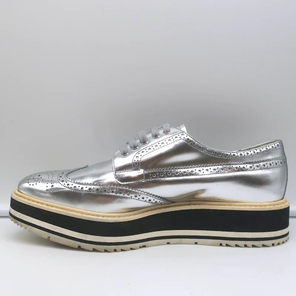 Prada Platform Wingtip Brogues Silver Metallic Leather Size 41 - Picture 7 of 12